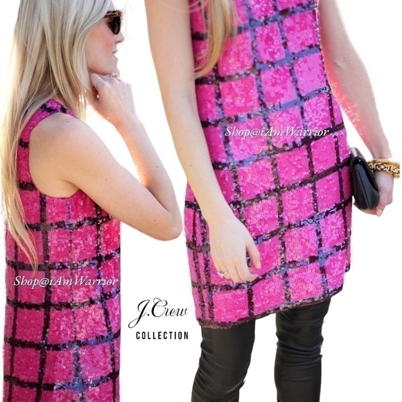 J.Crew Collection rare fuchsia pink & black windowpane sequin shift dress - Picture 5 of 13